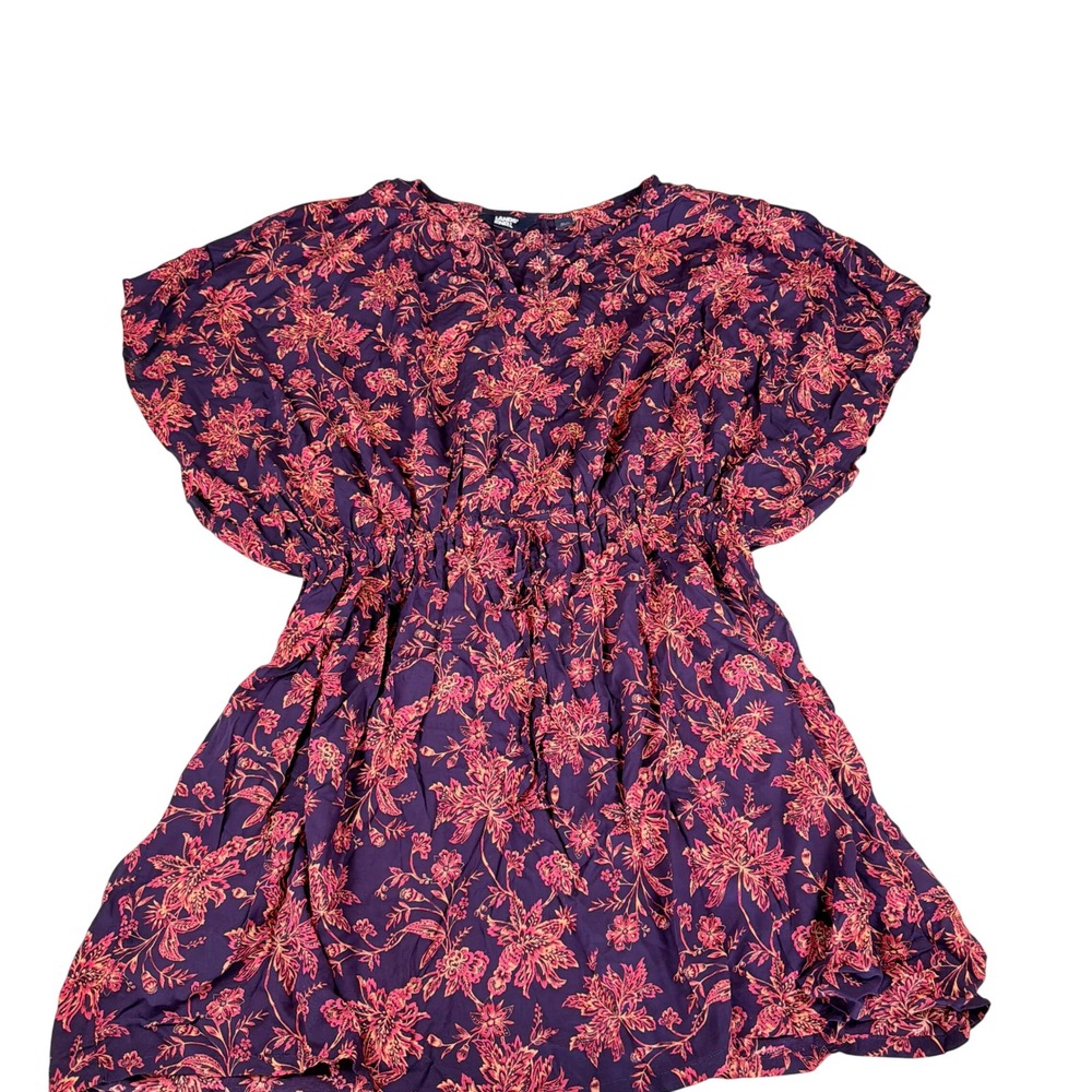 Lands End Purple Pink Floral Swim Cover Up Dress Elastic Waist M-L